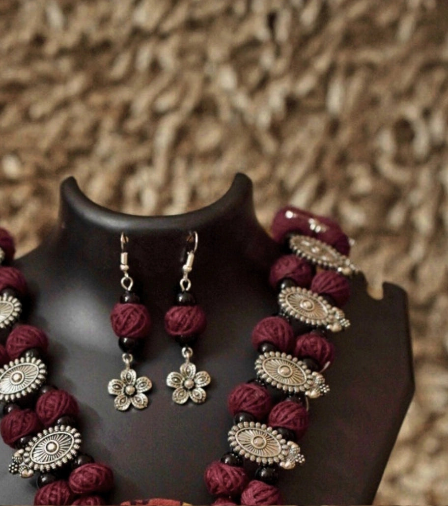 Vintage Bloom Afghani Thread Necklace Set – Maroon & Silver - Retail Maharaj