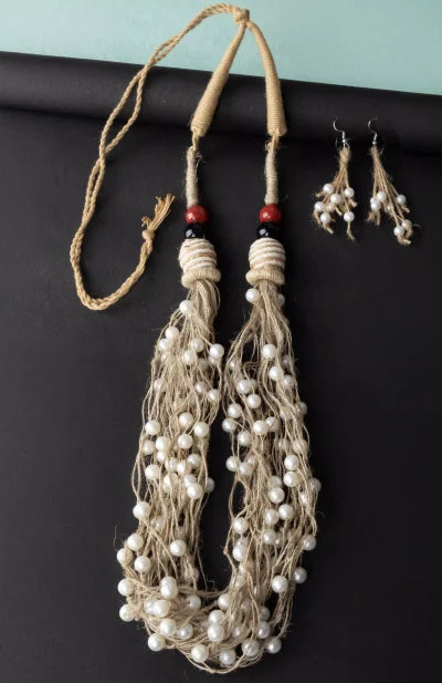 Jute Necklace Set-Moti Gochha-White - Retail Maharaj