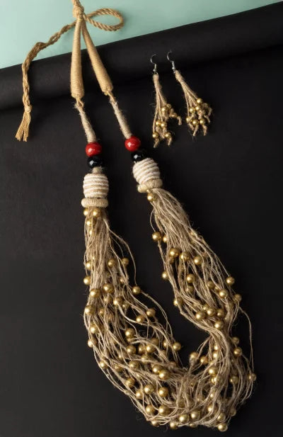 Jute Necklace Set-Moti Gochha – Golden - Retail Maharaj