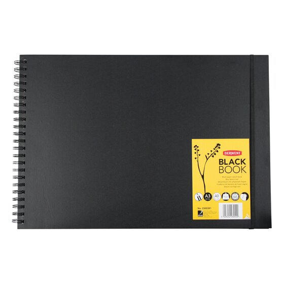 Derwent Black Book Wire Bound Hardback Sketchbook 200 GSM Black Paper