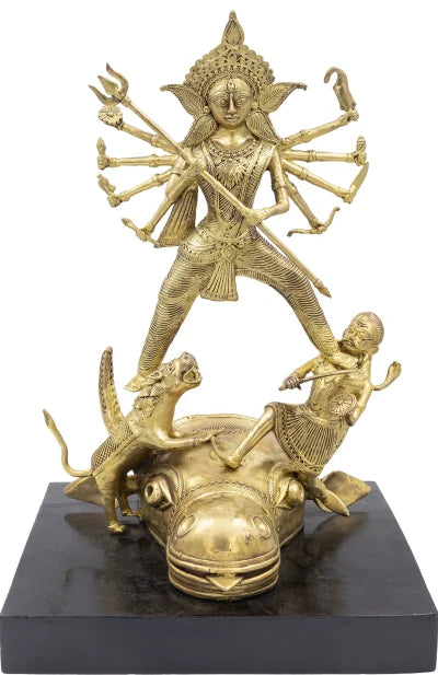 Dokra Table Top Singha Bahini with Wooden Base - Retail Maharaj