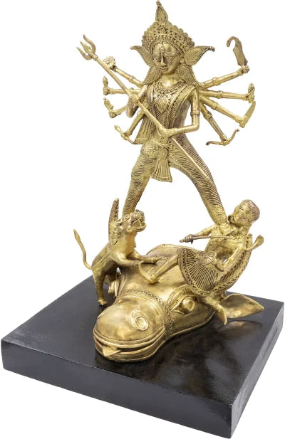 Dokra Table Top Singha Bahini with Wooden Base - Retail Maharaj