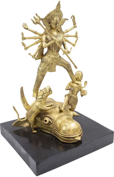 Dokra Table Top Singha Bahini with Wooden Base - Retail Maharaj