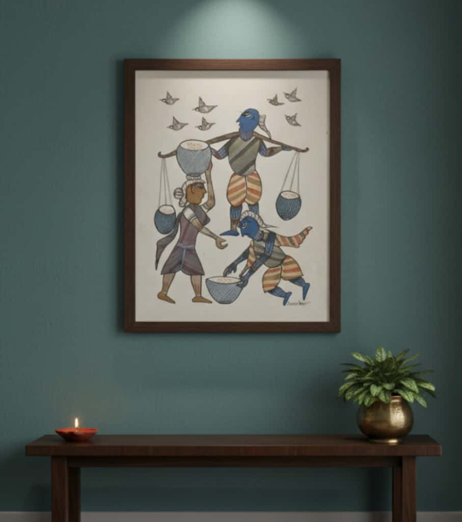 Authentic Gond Painting – Tribal Life & Gathering Scene Folk Art Handmade Heritage Art (11 × 15 Inch)