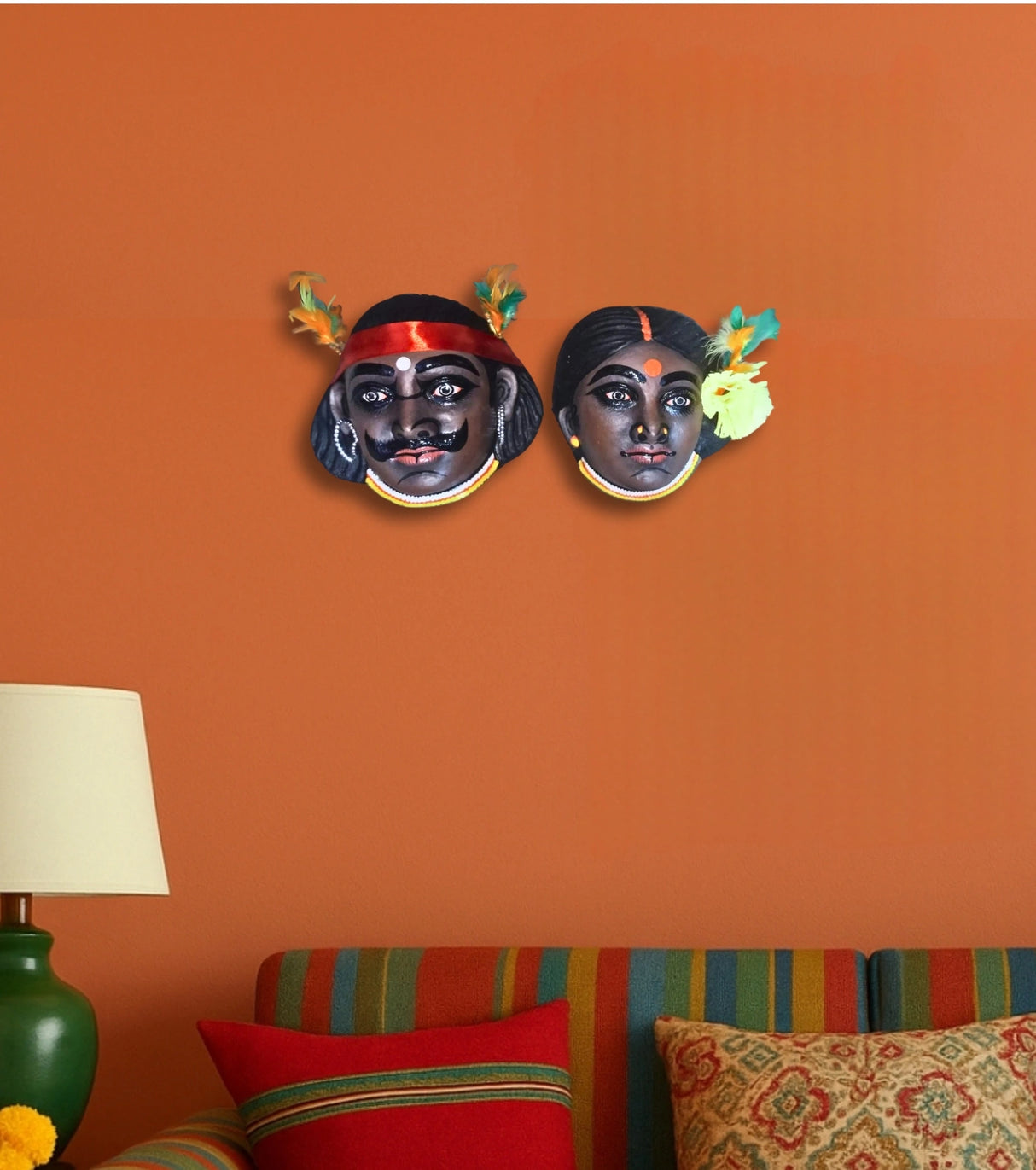 Raahr Echo Purulia Chhau Mask Pair | Traditional Bir & Devi Folk Art | Handcrafted from Bengal - Retail Maharaj