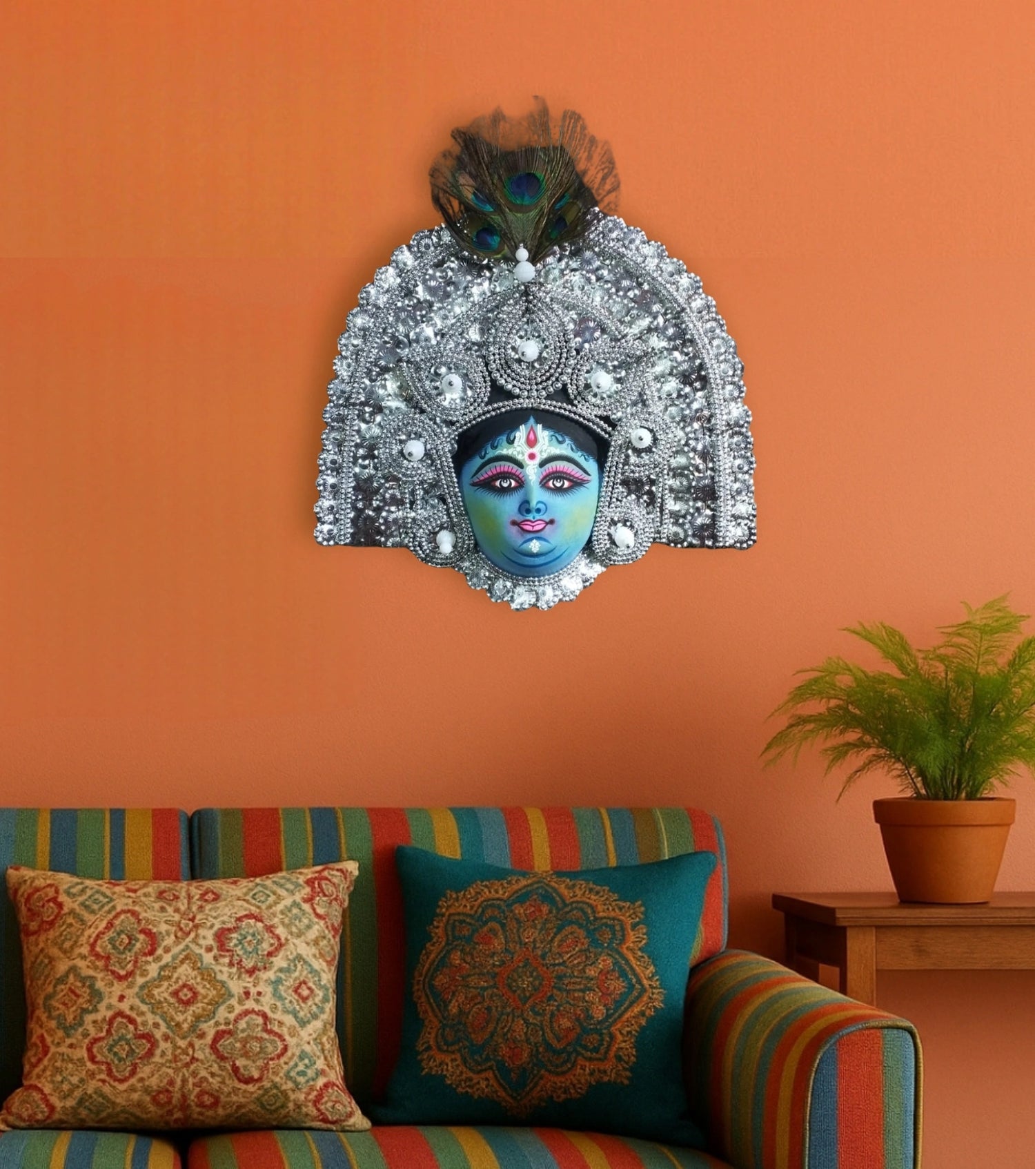 NeelKanthi Devi Mukhosh – Silver Aura Chhau Mask | Handcrafted Rāarh Bangla Folk Art - Retail Maharaj