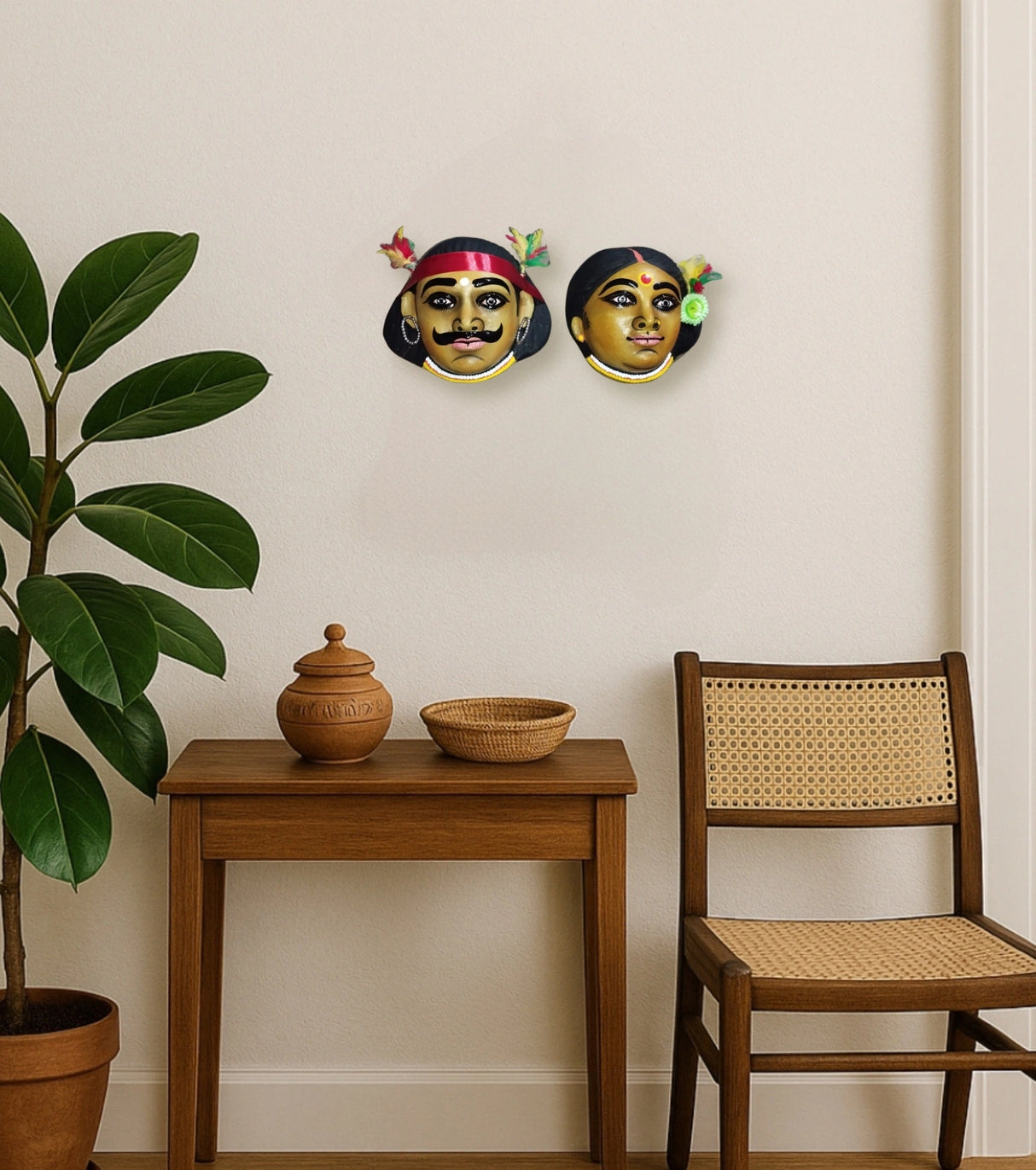 Raahr Bangla Shonar Juti – Golden Tribal Couple Masks | Handcrafted MukhosMukhi Wall Art - Retail Maharaj