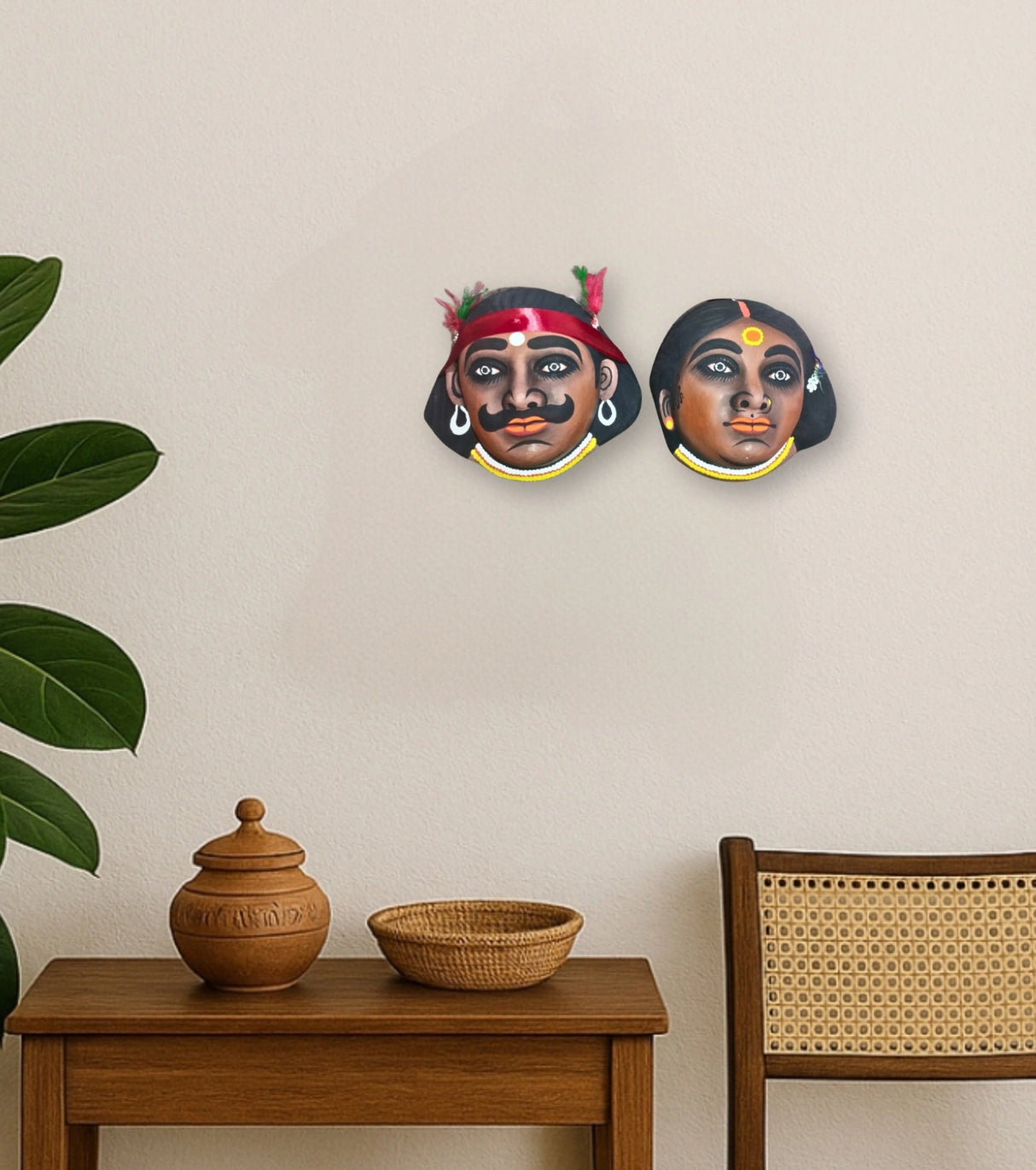 Raahr Bangla Lal-Shobuj Juti – Rustic Tribal Couple Masks | Handcrafted MukhosMukhi Art - Retail Maharaj