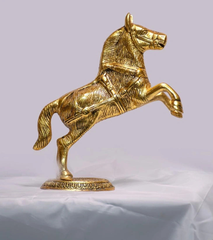 Horse Sculpture – Brushed Metal Alloy in Polished Gold Tone for Strength, Speed & Dynamic Décor - Retail Maharaj
