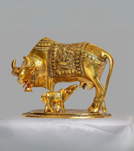 Kamadhenu Cow with Calf – Handcrafted Brass Idol for Prosperity, Protection & Sacred Décor - Retail Maharaj
