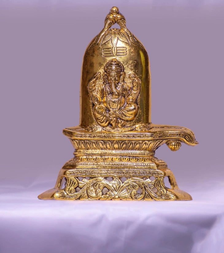 Lord Ganesha on Shivling – Antique Brass Metal Idol for Divine Unity & Spiritual Décor - Retail Maharaj