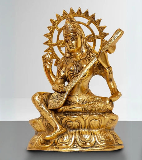 Goddess Saraswati Idol – Brushed Gold Metal Finish for Wisdom, Serenity & Spiritual Décor - Retail Maharaj