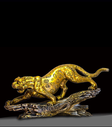 Leopard Statue in Golden Brush Metal – Handcrafted Sculpture for Strength, Courage & Feng Shui Décor - Retail Maharaj