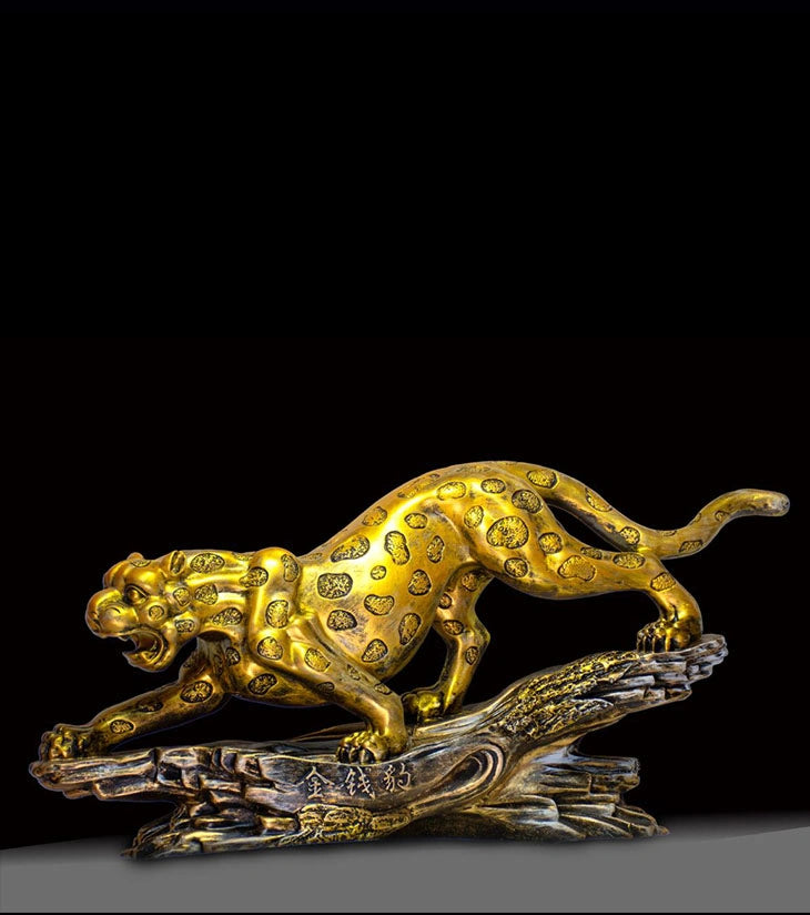 Leopard Statue in Golden Brush Metal – Handcrafted Sculpture for Strength, Courage & Feng Shui Décor - Retail Maharaj