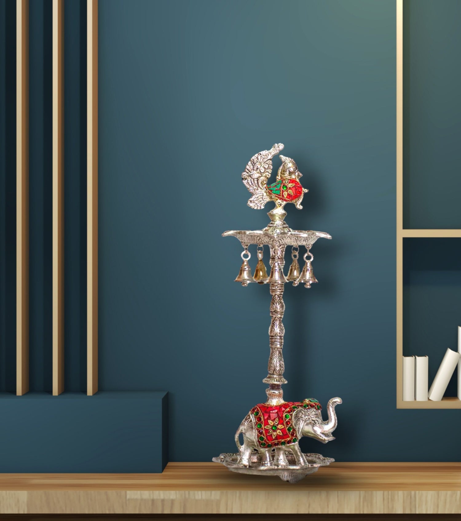 Elephant Diya Stand with Enamel Work in White Alloy – Handcrafted Spiritual Decoration for Pooja Rooms & Festive Gifting - Retail Maharaj