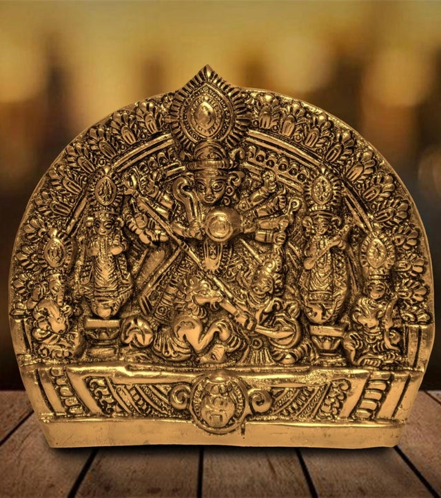 Durga Family Idol in Alloy Metal – Handcrafted Wall Hanging with Antique Gold Finish for Home & Spiritual Decor - Retail Maharaj