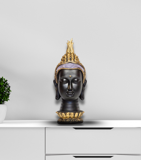 Buddha Head Sculpture in Black & Gold Alloy – Intricate Matte Black Finish with Lotus Base for Meditation & Home Décor - Retail Maharaj