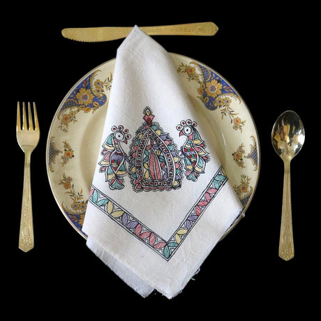 Madhubani Royal Pair Hand-Painted Cotton Dinner Napkin – Twin Peacock Folk Motif | Eco-Friendly Table Linen for Festive Dining & Gifting - Retail Maharaj