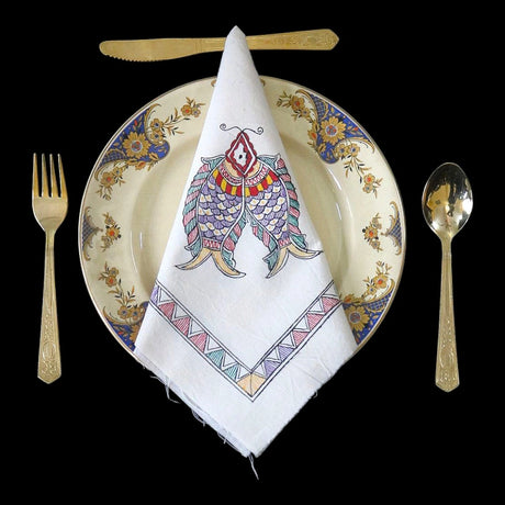Madhubani Twin Fish Hand-Painted Cotton Dinner Napkin – Mithila Folk Art Table Linen | Eco-Friendly Cloth Napkin for Festive Dining & Gifting - Retail Maharaj