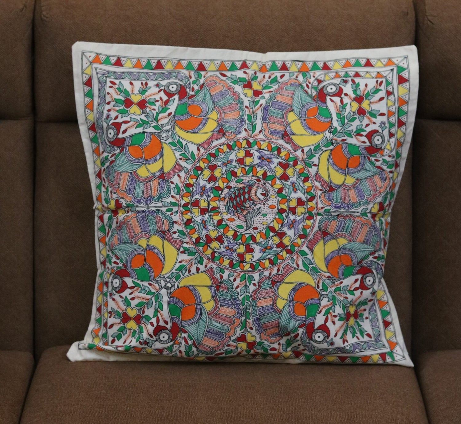 Madhubani Harmony Birds Handpainted Cushion Cover – Fish & Bird Motif on Cotton (18 x 18 inch) | Ethnic Indian Folk Art Home Décor - Retail Maharaj