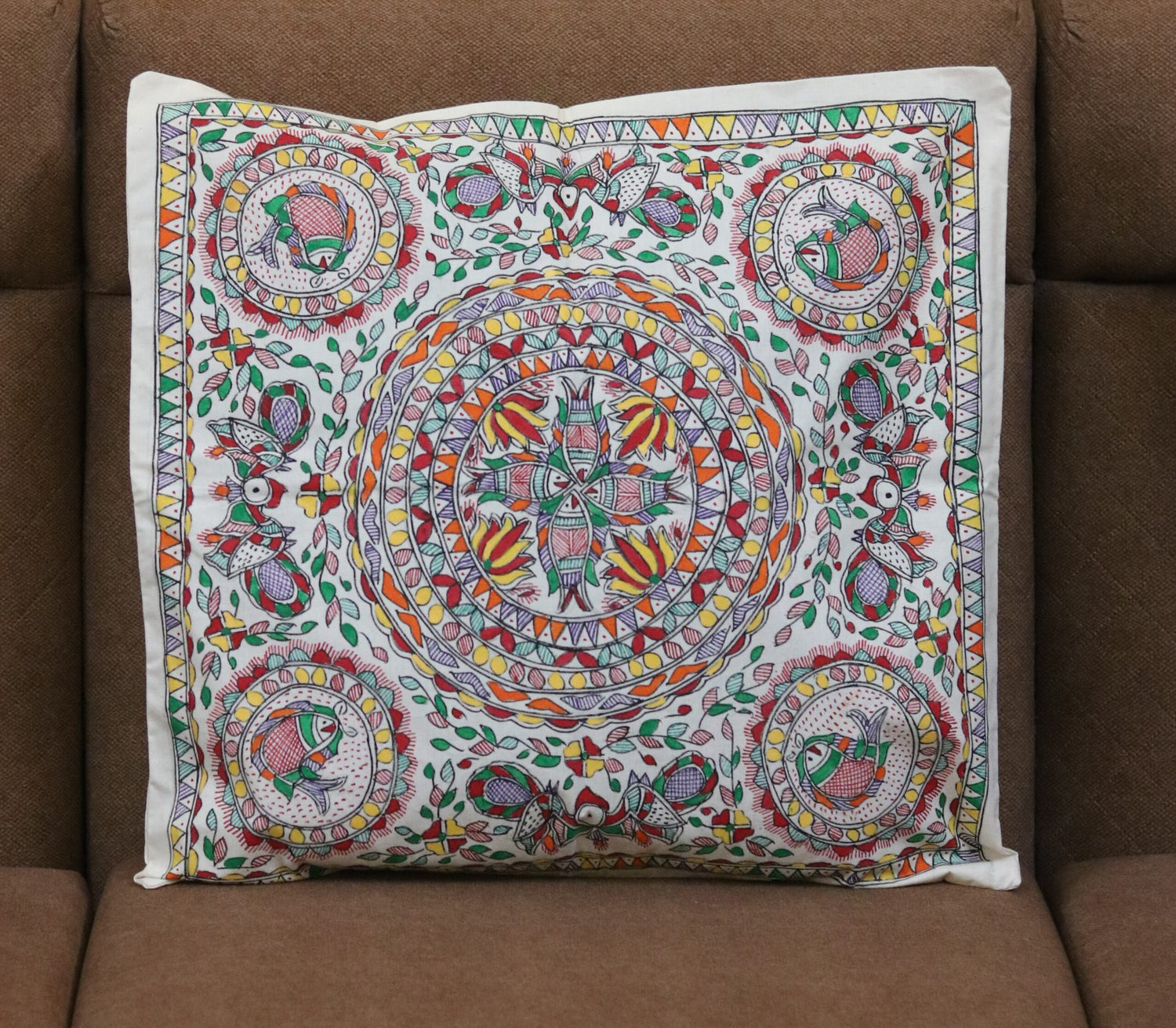 Madhubani Mandala Bloom Handpainted Cushion Cover – Floral & Fish Motif Cotton Pillow Cover (18 x 18 inch) | Traditional Indian Folk Art Home Décor - Retail Maharaj