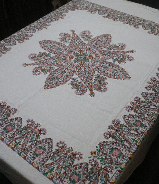 Madhubani Mandala Handpainted Tablecloth – Traditional Folk Art Dining Table Cover with Floral & Paisley Motifs (60 x 52 inch) | Ethnic Indian Home Décor - Retail Maharaj