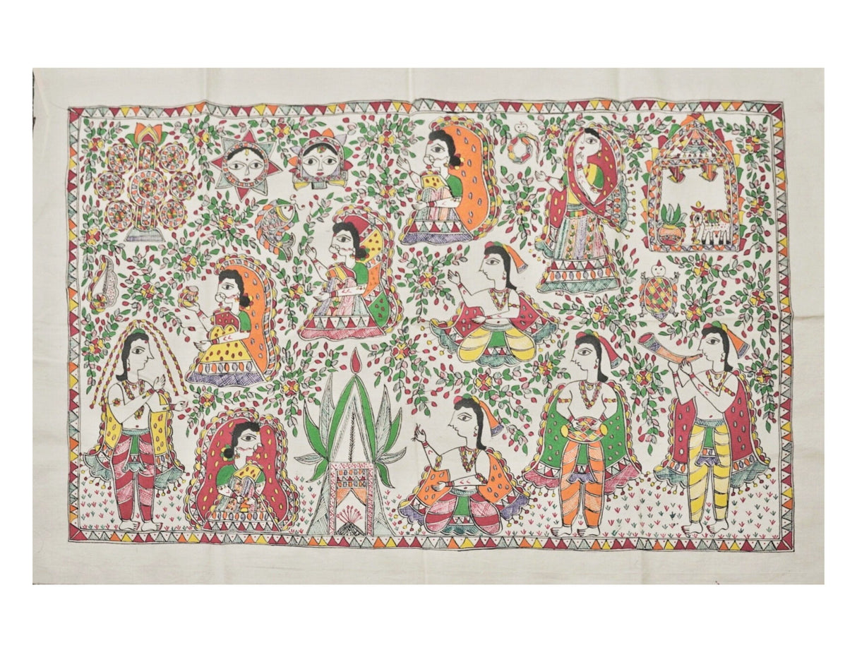 Scenes from Sita Kalyanam Handpainted Madhubani Painting – Ramayana Wedding Miniature on Cotton (37.5 x 25 inch) | Traditional Indian Folk Art for Devotional Wall Décor - Retail Maharaj