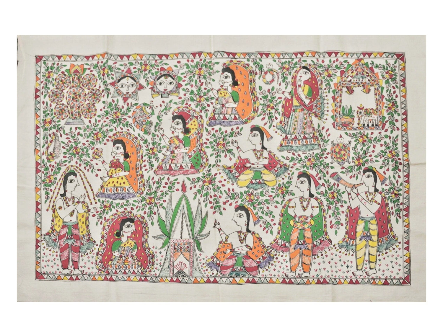 Scenes from Sita Kalyanam Handpainted Madhubani Painting – Ramayana Wedding Miniature on Cotton (37.5 x 25 inch) | Traditional Indian Folk Art for Devotional Wall Décor - Retail Maharaj