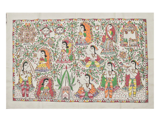 Scenes from Sita Kalyanam Handpainted Madhubani Painting – Ramayana Wedding Miniature on Cotton (37.5 x 25 inch) | Traditional Indian Folk Art for Devotional Wall Décor - Retail Maharaj