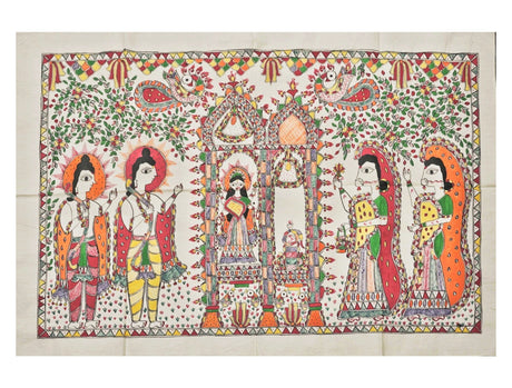 Ram Darbar – Divine Assembly Handpainted Madhubani Art (37.5 x 25 inch) | Ramayana-Themed Folk Painting on Cotton | Spiritual Wall Décor & Gifting - Retail Maharaj