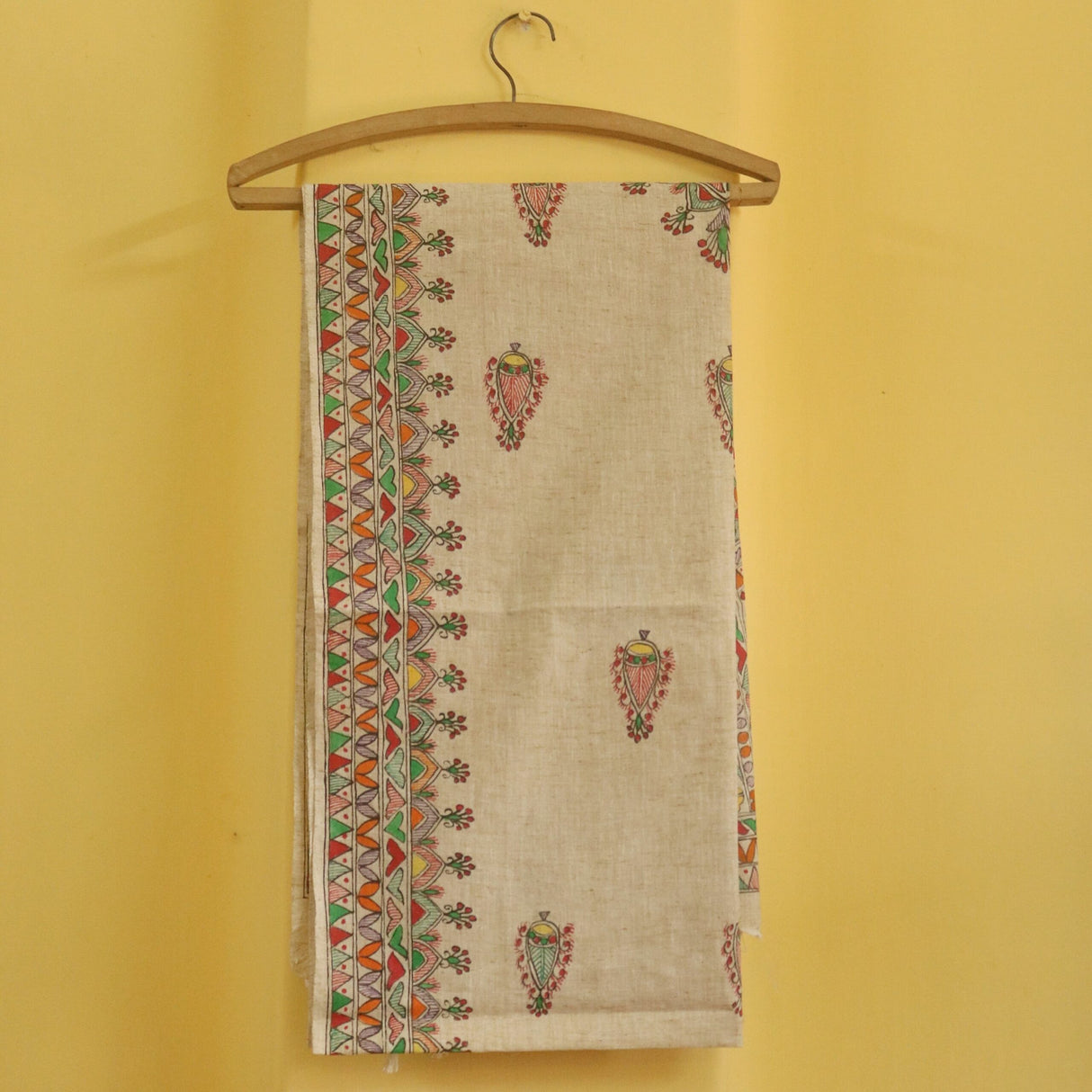 Terracotta Bloom Madhubani Handpainted Cotton Stole – Floral Urn & Paisley Motifs on Beige (92 x 23 inch) | Minimalist Ethnic Dupatta for Women - Retail Maharaj