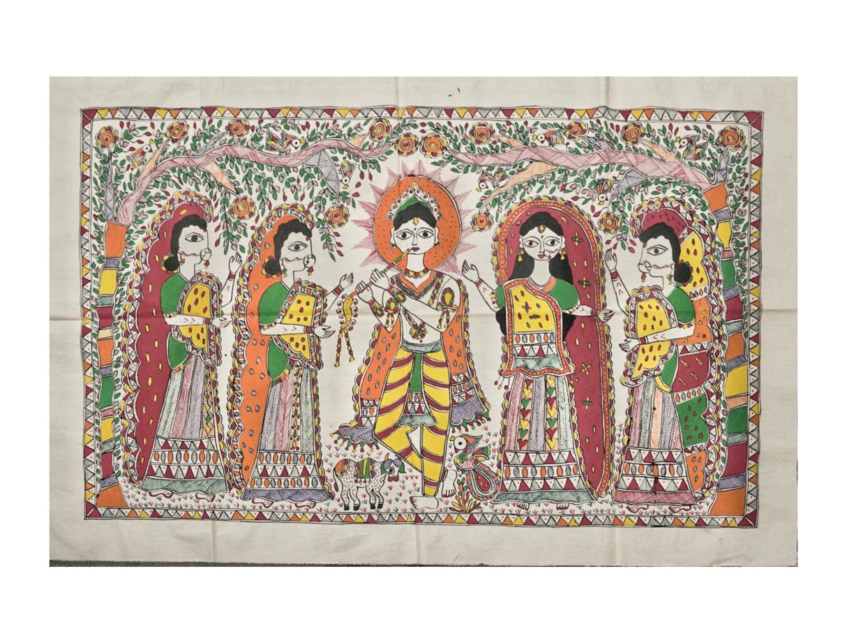 Krishna with Gopis – Divine Harmony | Handpainted Madhubani Art - Retail Maharaj