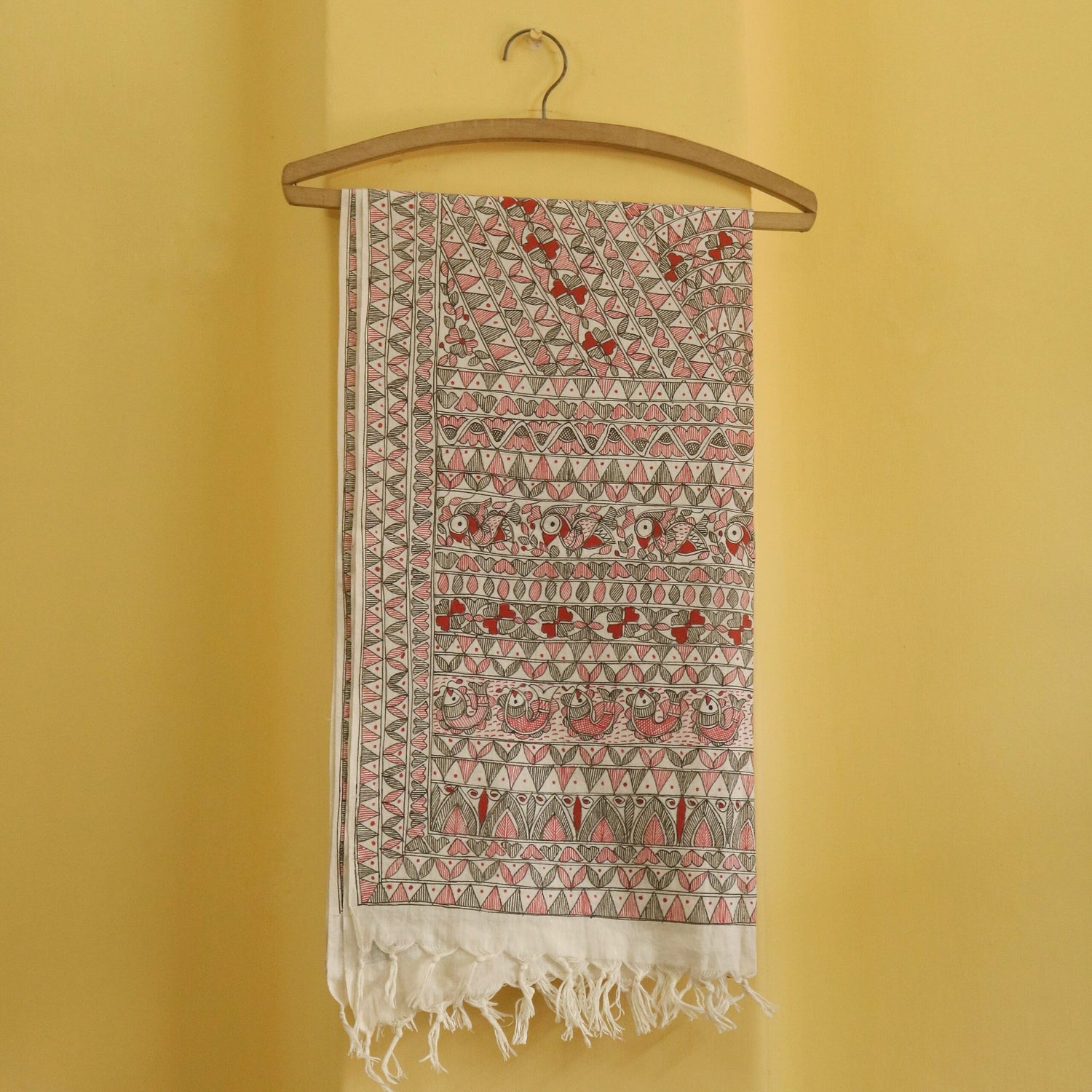 Ethnic Harmony Handpainted Madhubani Cotton Stole – Red & Black Tribal Motif Dupatta (92 x 23 inch) | Pure Cotton Traditional Indian Wear for Women - Retail Maharaj