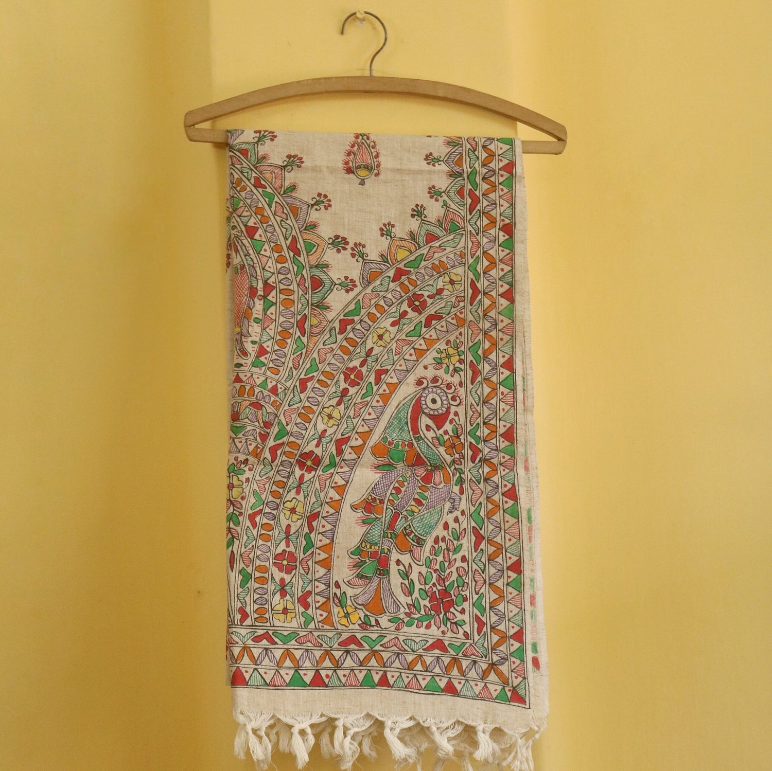 Royal Peacock Madhubani Handpainted Cotton Stole – Peacock & Floral Motif Dupatta (92 x 23 inch) | Traditional Indian Folk Art Wrap for Women - Retail Maharaj