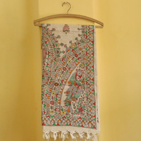 Royal Peacock Madhubani Handpainted Cotton Stole – Peacock & Floral Motif Dupatta (92 x 23 inch) | Traditional Indian Folk Art Wrap for Women - Retail Maharaj