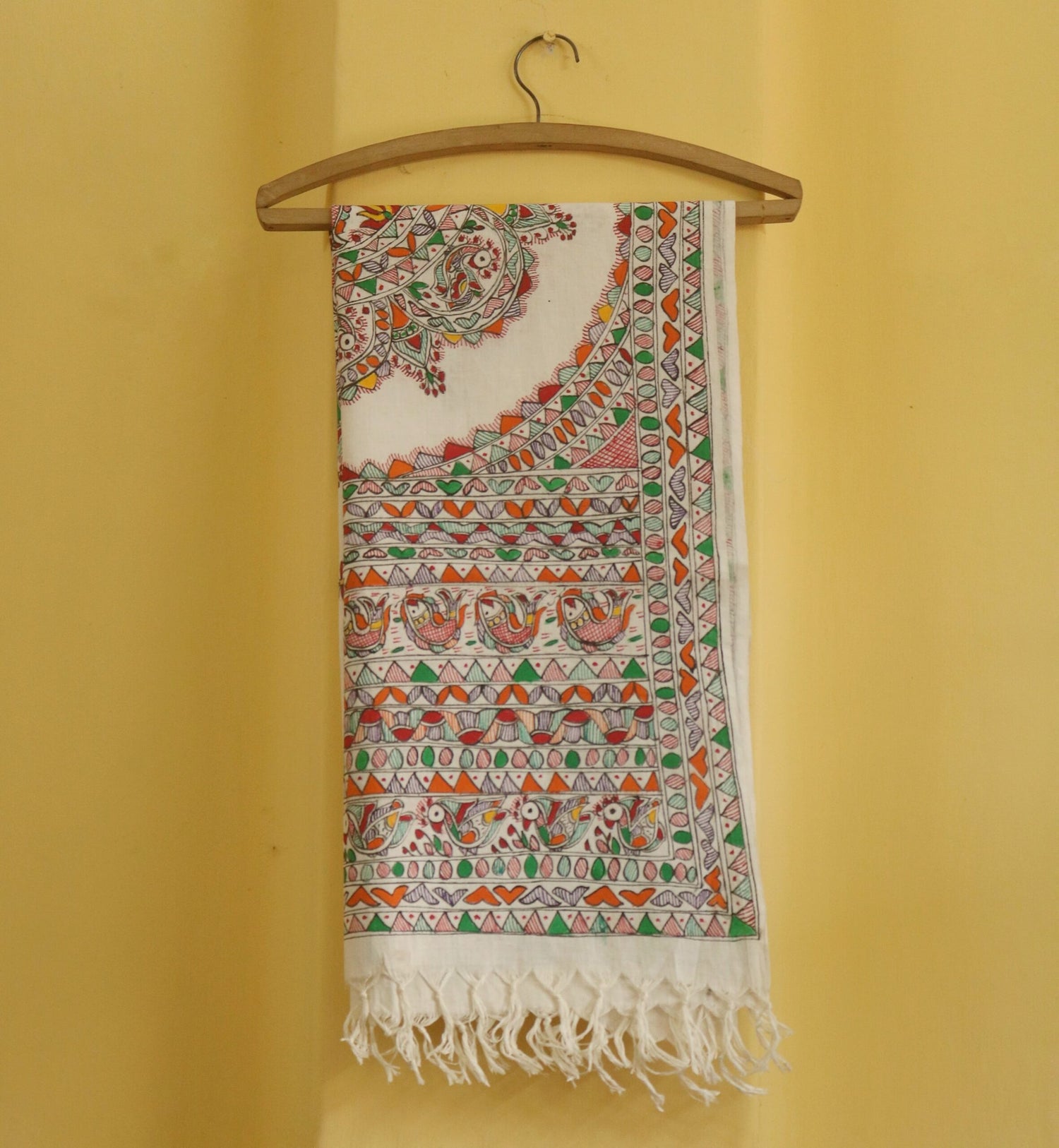 Harmony of Birds Madhubani Handpainted Cotton Stole – Bird & Floral Motif Dupatta in Folk Art Style (92 x 23 inch) | Pure Cotton Ethnic Wrap for Women - Retail Maharaj