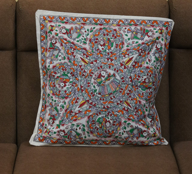 Madhubani Starbirds Handpainted Cushion Cover – Bird & Floral Starburst Design on Cotton (18 x 18 inch) | Traditional Indian Folk Art for Home Décor - Retail Maharaj