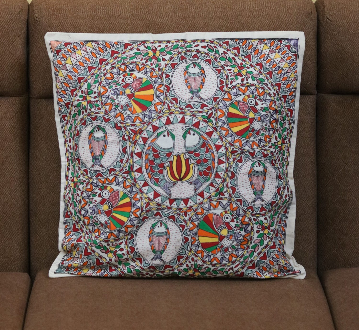 Madhubani Mystic Fish Handpainted Cushion Cover – Fish & Peacock Motif Mandala on Cotton (18 x 18 inch) | Traditional Indian Folk Art Home Décor - Retail Maharaj