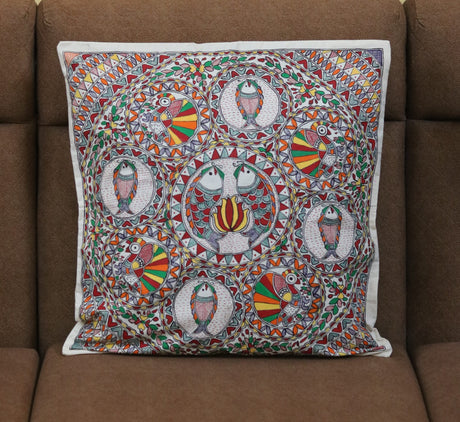 Madhubani Mystic Fish Handpainted Cushion Cover – Fish & Peacock Motif Mandala on Cotton (18 x 18 inch) | Traditional Indian Folk Art Home Décor - Retail Maharaj