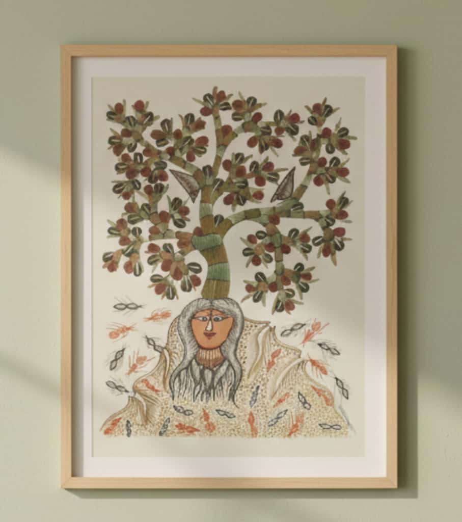 Authentic Gond Painting – Mother Earth & Tree of Life Theme Handmade Tribal Folk Art (11 × 15 Inch)