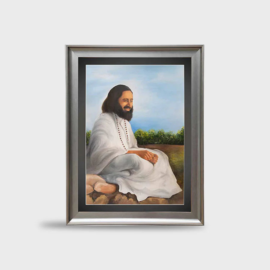 Original Handcrafted Oil Painting of Gurudev – 24 x 36 Inches with Golden Frame - Retail Maharaj
