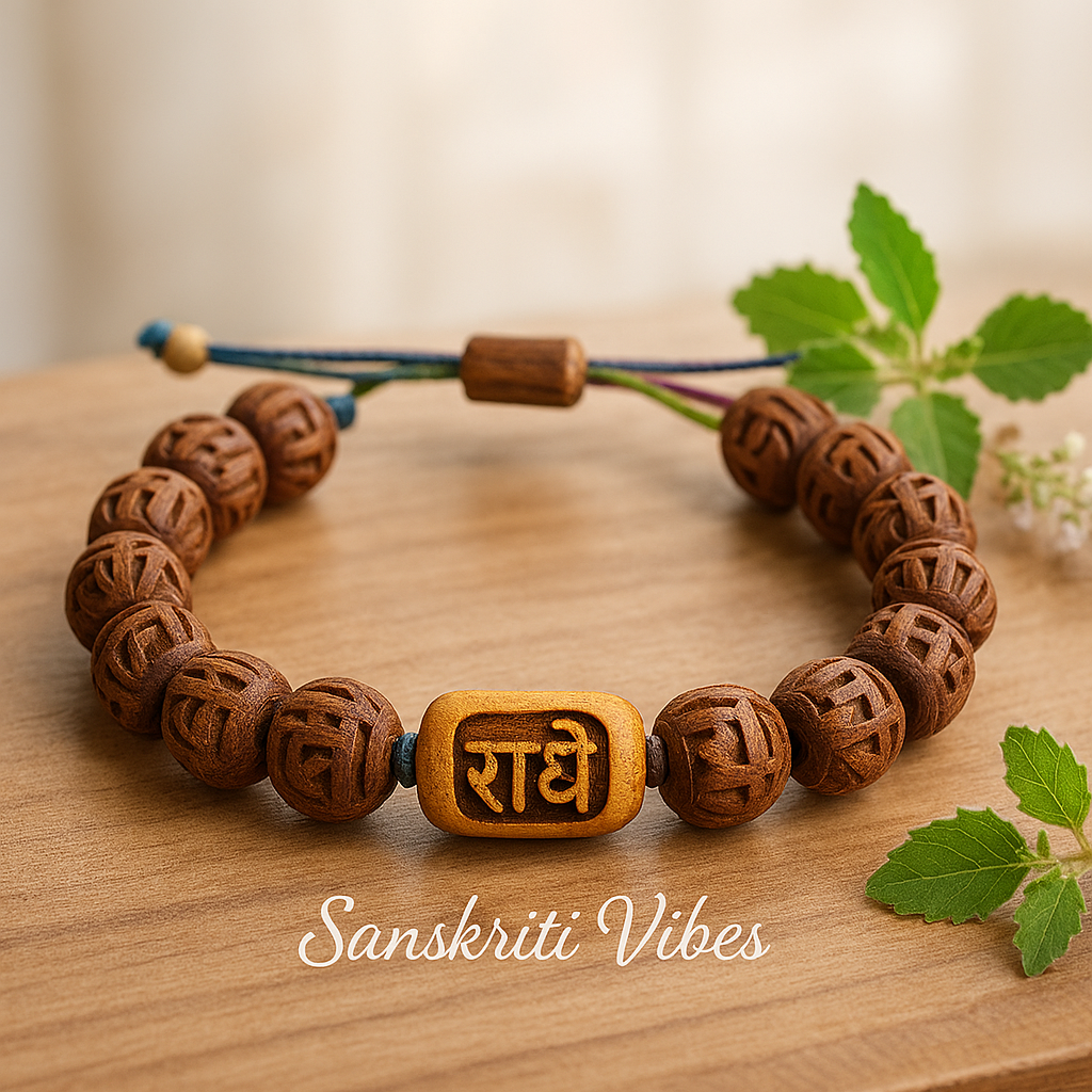 Radhey Naam Carved Beads with Radha Written Tulsi Beads Bracelet for Divine Blessings
