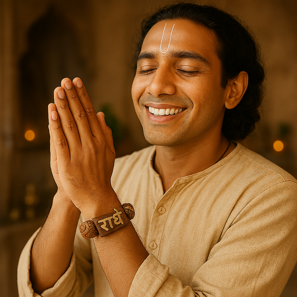 Radhey Naam Carved Beads with Radha Written Tulsi Beads Bracelet for Divine Blessings