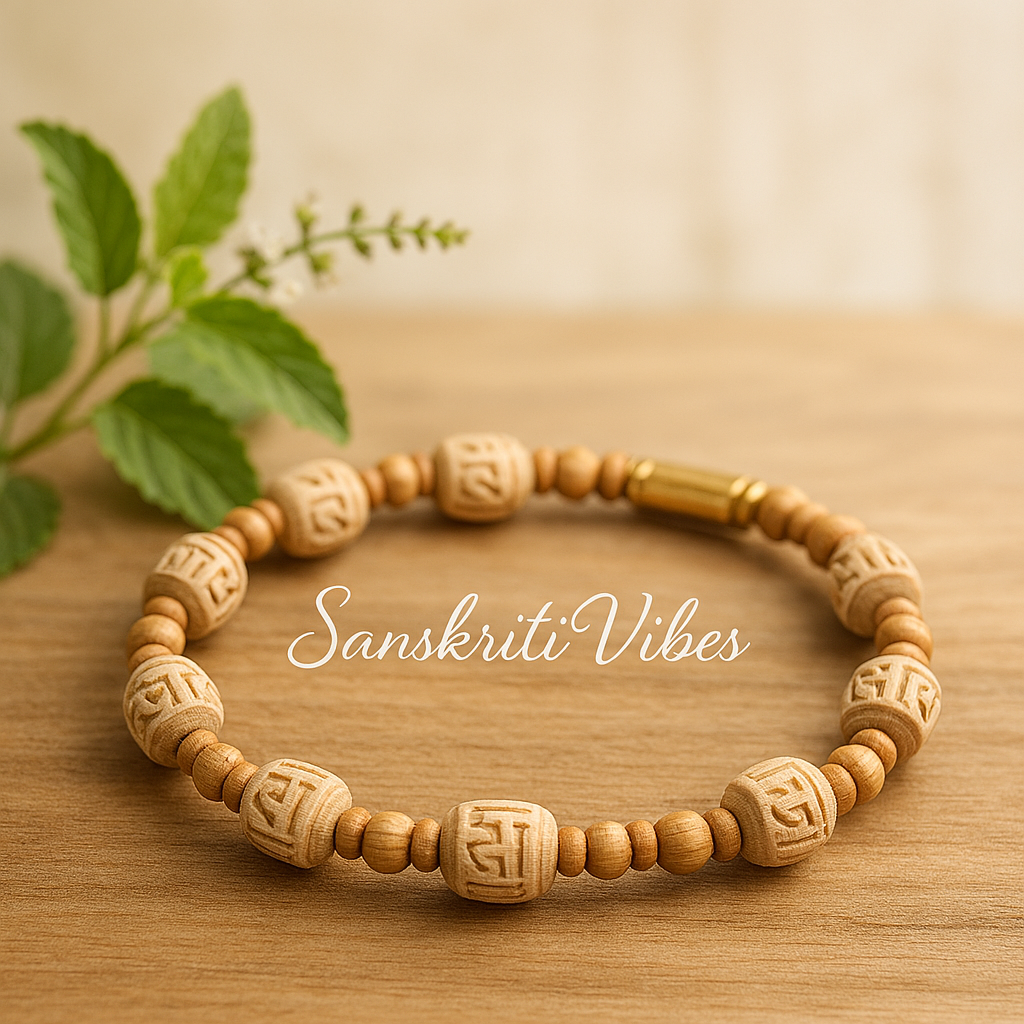 Mirdang Shaped Radha Naam Tulsi Beads Bracelet – Classic for Spiritual Wellness and Blessings - Retail Maharaj