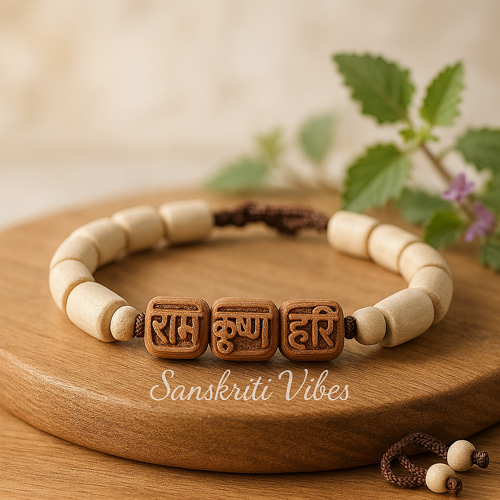 Ram Krishna Hari Carved Tulsi Bead Adjustable Bracelet – Spiritual Bracelet for Devotees