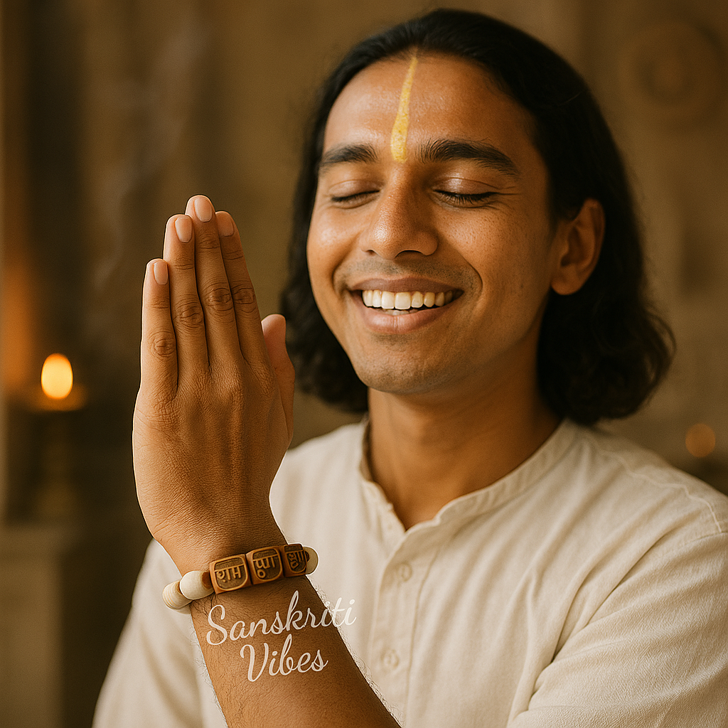 Ram Krishna Hari Carved Tulsi Bead Adjustable Bracelet – Spiritual Bracelet for Devotees