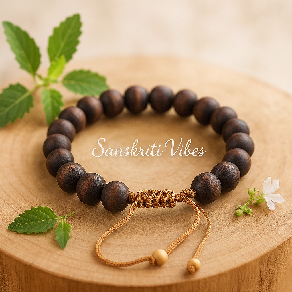Dark Brown Shyama Tulsi Beads Handmade Bracelet – Adjustable Spiritual Bracelet for Devotees - Retail Maharaj