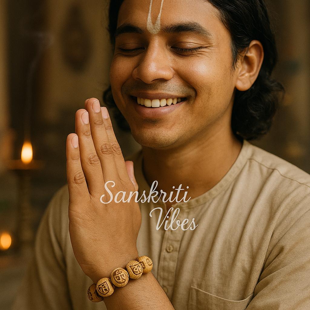 Ram Krishna Carved Original Tulsi Beads Bracelet in Elastic – Sacred Spiritual Bracelet for Devotees