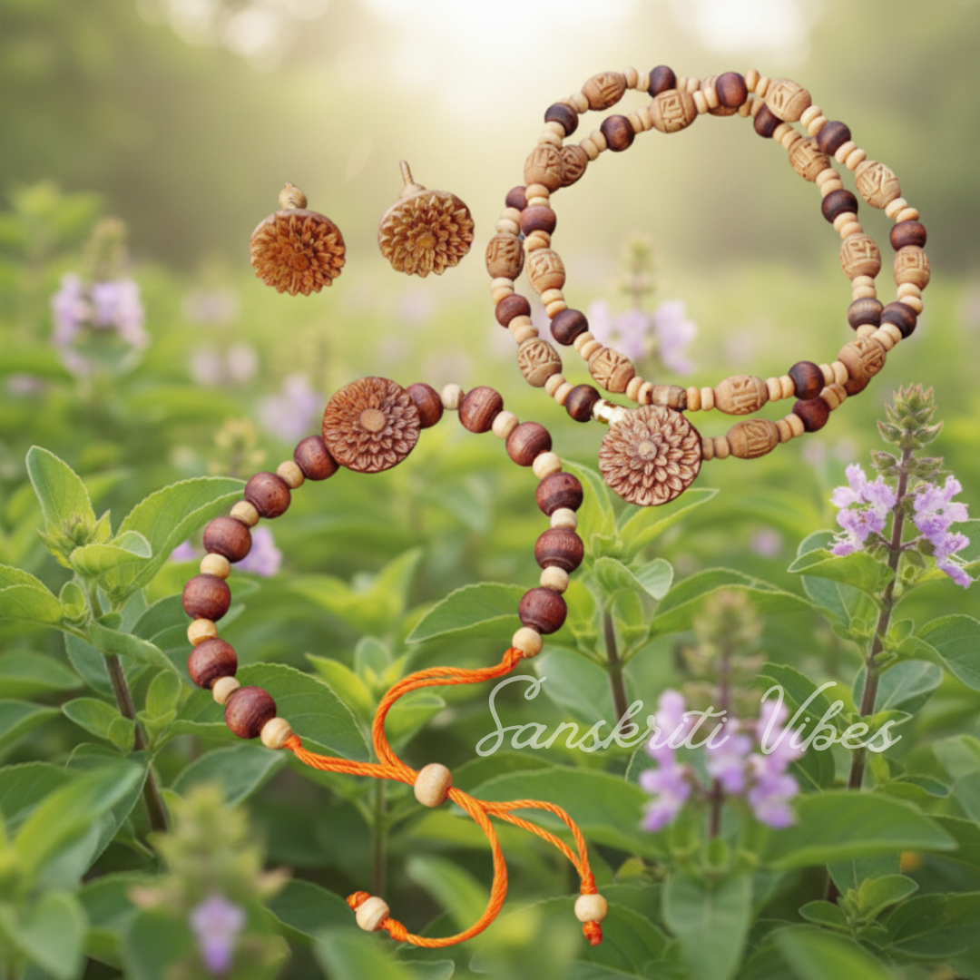 Amazing Flower Carved Tulsi Jewellery Set – Premium Quality Handcrafted Design