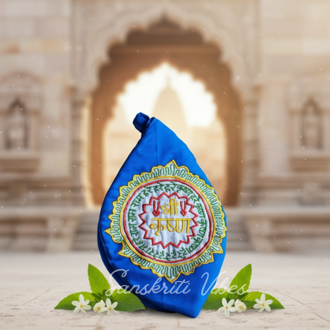Sky Blue Cotton Japa Bag | Shri Krishna Embroidery with Hare Krishna Maha Mantra | Handcrafted Chanting Bag for Meditation & Pooja